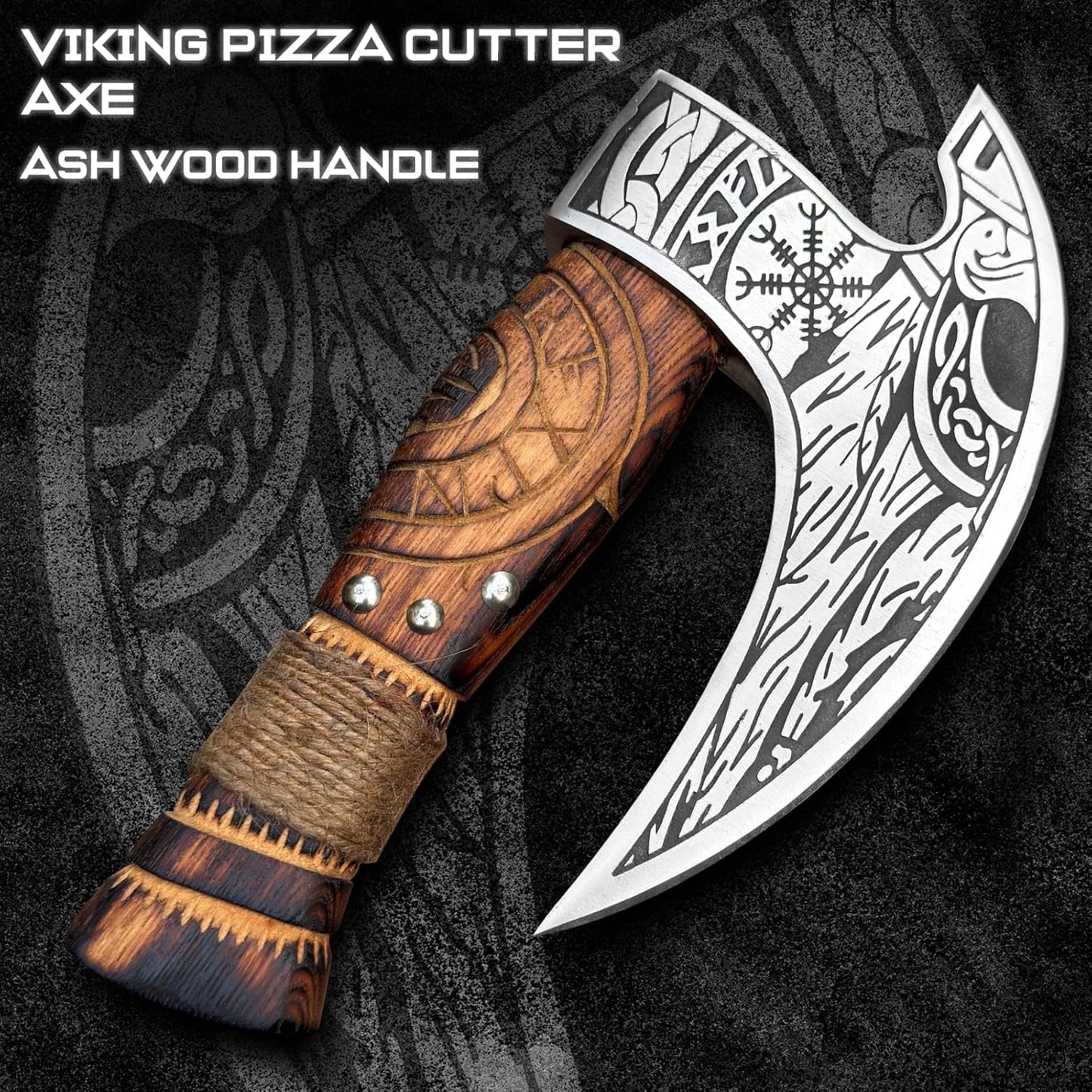 Viking Style Pizza Cutter – Handmade Ulu Rocker Knife with Engraved Norse Blade – Wooden Handle with Cord Wrap – Includes Leather Sheath