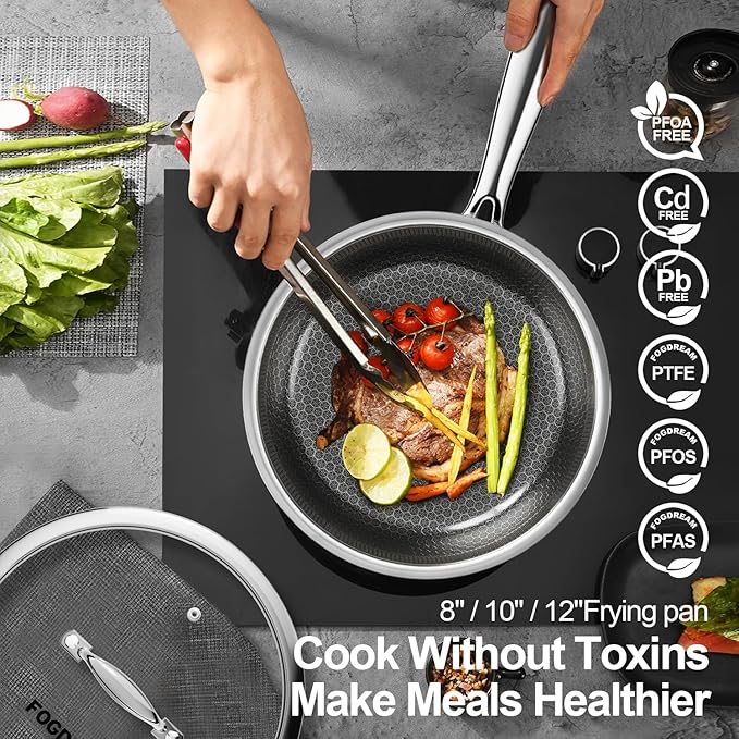 Fogdream 12” Pots and Pans Set Non Stick, Stainless Steel Pan with Lid, Dishwasher and Oven-Safe Frying Pan, PFOA Free and Induction Compatible Cookware Set, Silver
