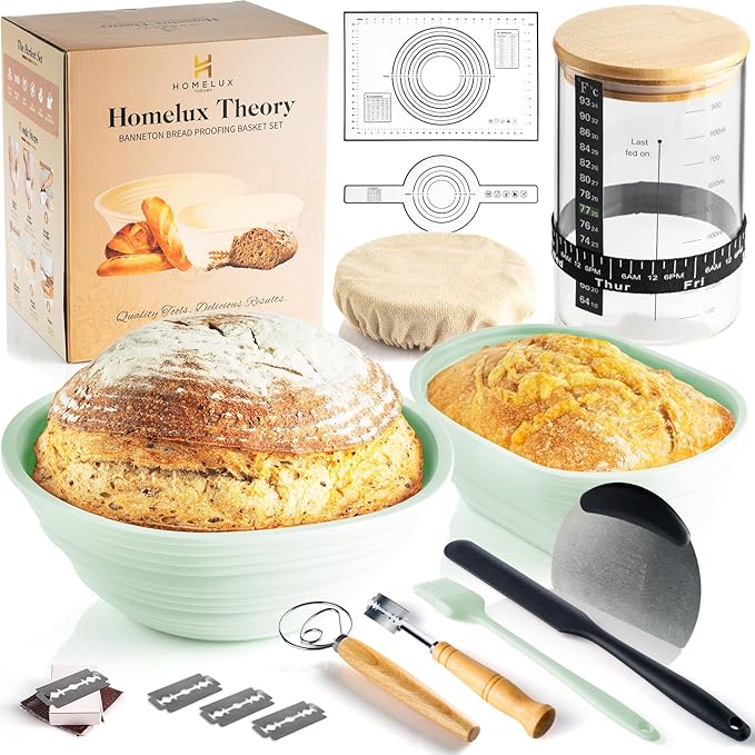 Sourdough Starter Kit, 14pcs Bread Making Kit & Sourdough Bread Baking Supplies Kit, Banneton Basket Kit for Sourdough Proofing with Bread Baking bowl for Artisan Breads (Green) by HOMELUX THEORY