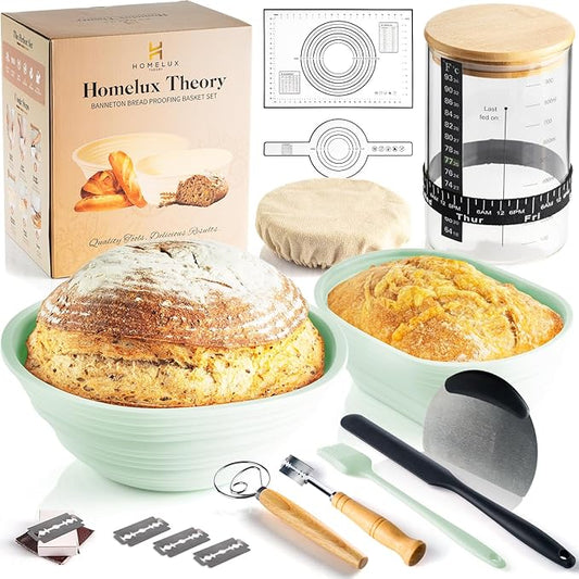 Sourdough Starter Kit, 14pcs Bread Making Kit & Sourdough Bread Baking Supplies Kit, Banneton Basket Kit for Sourdough Proofing with Bread Baking bowl for Artisan Breads (Green) by HOMELUX THEORY