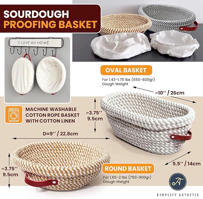 Sourdough Starter Kit with 35oz Jar, 2 Cotton Rope Proofing Baskets (9" round & 10" oval), Recipe Book,Thermometer, Bread Lame, Silicone Spatula & Bread Bag - Complete Sourdough Baking Supplies &Tools