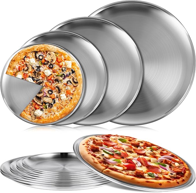 Thenshop 8 Pieces Pizza Pans Bulk Stainless Steel Sets Round Bakeware Pizza Trays for Oven Kitchen Baking Home Restaurant Safe Sturdy Reusable Easy Clean(8 Inch 9 Inch 10 Inch 12 Inch,Silver)