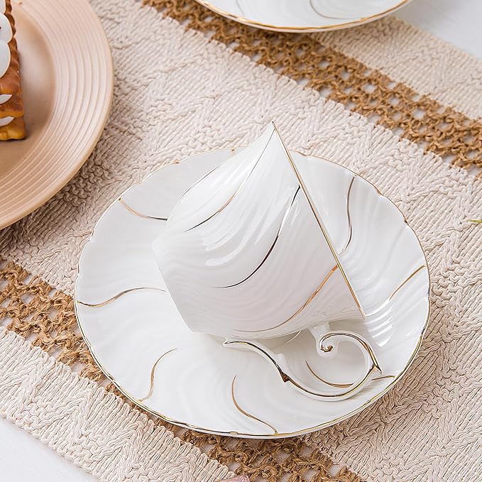 Tea Cups Set Of 6, Tea Cup And Saucer Set,6oz for Tea,Coffee, Latte, Cafe Mocha, Porcelain Tea Party Set (White with gold thread set of 6)