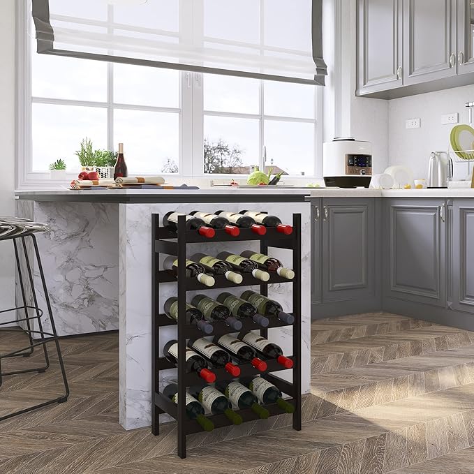 SMIBUY Bamboo Wine Rack, 20 Bottles Display Holder, 5-Tier Free Standing Storage Shelves for Kitchen, Pantry, Cellar, Bar (Dark Brown)