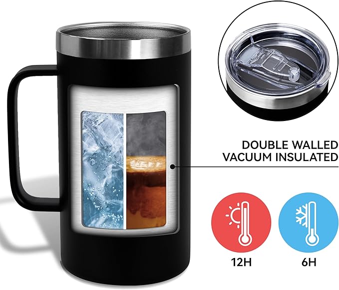 DOMICARE 24oz Mug with Handle and Lid, Stainless Steel Coffee Mug, Travel Mug with Handle, Double Wall Vacuum Coffee Tumbler, Reusable Insulated Cup, Black, Pack 4