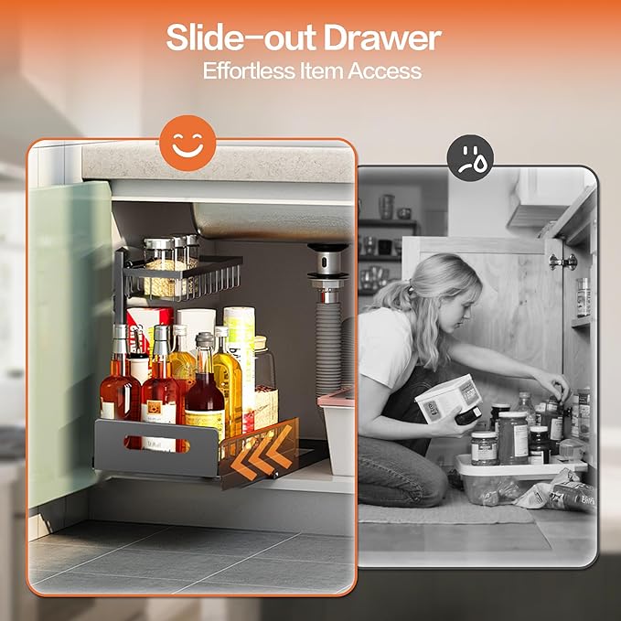 VUSIGN Under Sink Organizer, 2 Tier Pull Out Bathroom Cabinet Organizer, Under Kitchen Sink Organizers and Storage, Under Sink Shelf,2 Pack, Black