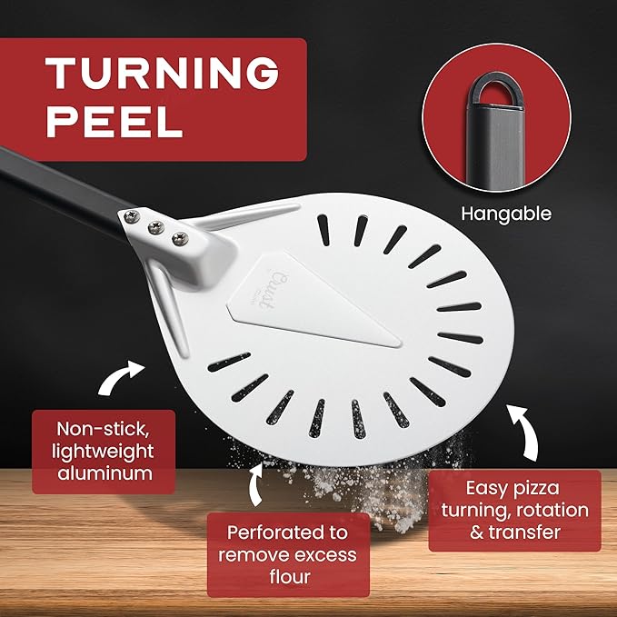 CrustMaster Pizza Peel Set - 12x14" Rectangular Peel, 9" Round Turning Peel, Brass Brush, Ash Rake - Perfect Pizza Oven Accessories for Ovens & BBQ - Pizza Pan - Aluminum & Stainless Steel Tools