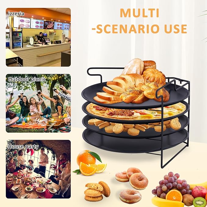 JIAWANSHUN Folding Pizza Rack Stand 4-Layer Stainless Steel with 12-Inch Non-Stick Pan,Oven-Safe Baking & Cooling Holder for Home Kitchens,Pizza Shops,Commercial Restaurants