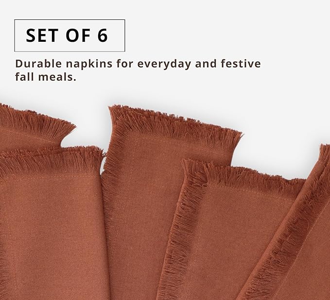 PurpleEssences Rust Cloth Napkins with Fringes, 100% Cotton Christmas Holiday Winter Table Decor, Set of 6 18x18 Inch Reusable Dinner Napkins for Parties and Weddings - Rust