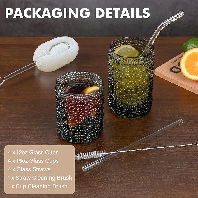 Vintage Hobnail Drinking Glasses Set of 8,Grey 12 oz & 15oz Highball Glass Cups, Kitchen Drinkware Glassware,Embossed Water Tumbler,for Beer,Cocktail,Whiskey,Juice and Various Mixed Drinks