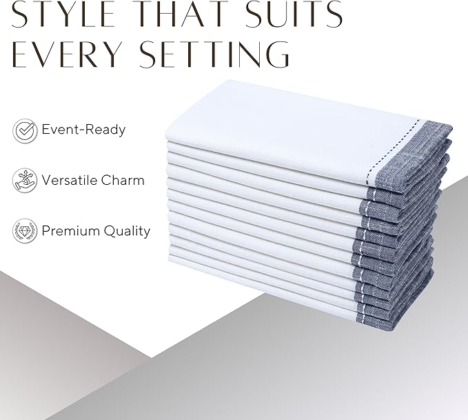 Ramanta Home Cloth Napkins Set of 4 Textured Cotton 18x18 - Premium Contrast Border Fall Thanksgiving Dinner Napkins for Christmas Farmhouse Wedding, Soft Washable Table Linen for Everyday Use - White