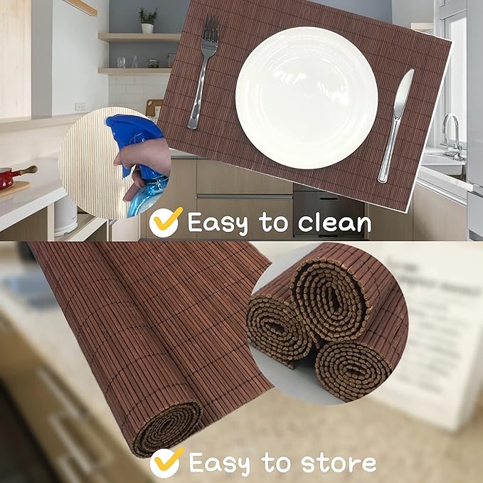 ANDSTAR Set of 8 Pcs Bamboo Placemats Sushi Rolling Mat Japanese Style Natural Anti-Slip Bamboo Placemats Washable Heat-Resistant Table Mats for Dining Room and Kitchen（Chocolate）