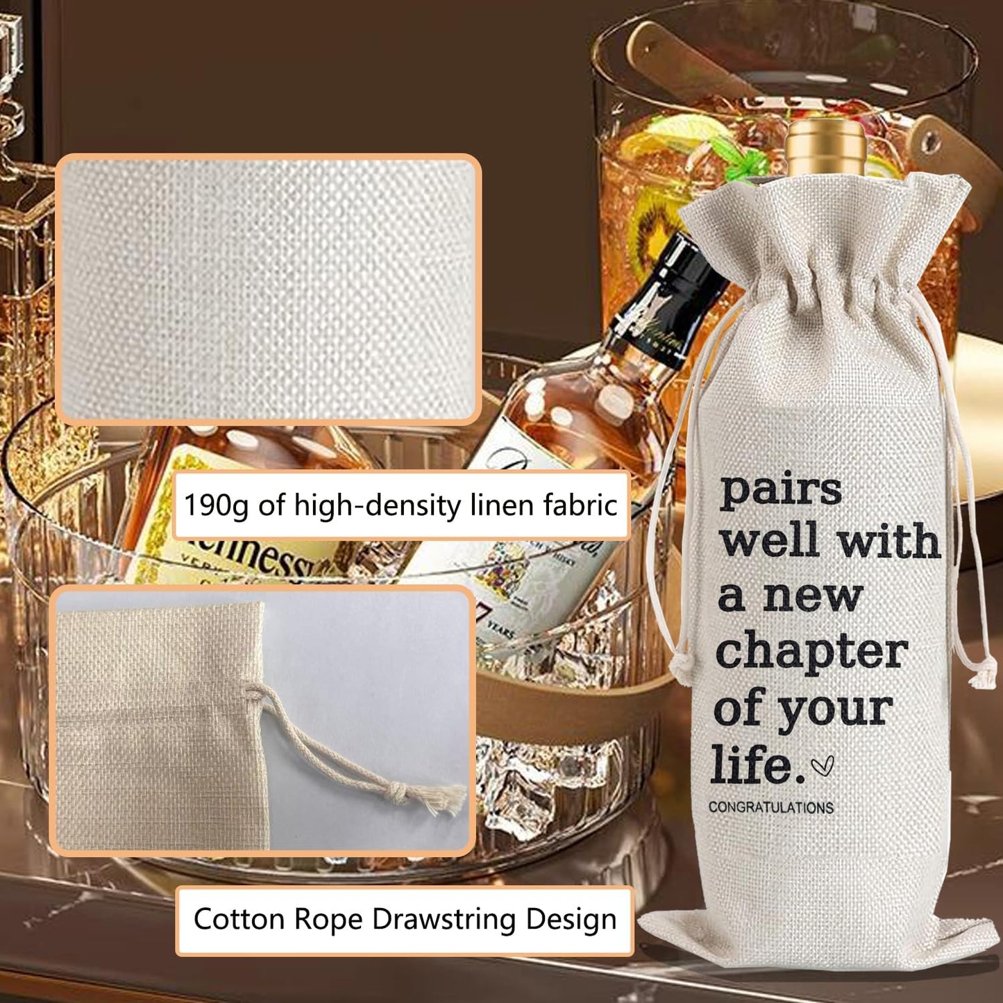 Julont 2Pcs New Chapter Wine Bag New Beginning New Business Owner Gifts Wine Bag, Pairs Well With a New Chapter of Your Life with 2Pcs Kraft Blessing Cards and natural jute rope