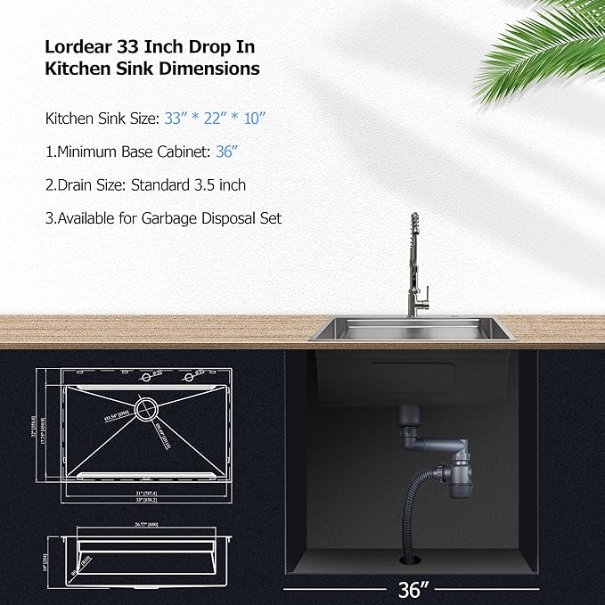 33 Drop In Kitchen Sink - Lordear 33x22 Inch Topmount Single Bowl Kitchen Sink 16 Gauge Stainless Steel Workstation Sinks with Double Ledges