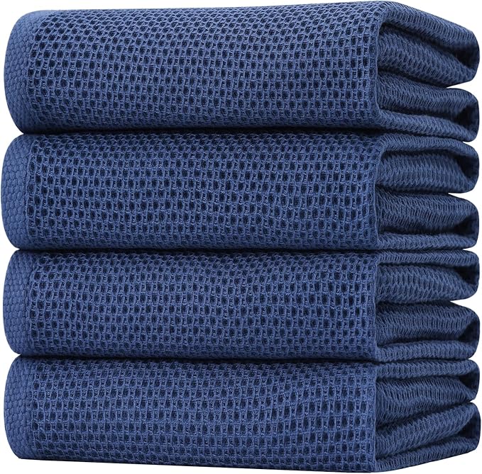 Homaxy 100% Cotton Oversized Waffle Weave Kitchen Dish Towels, Ultra Soft Absorbent Quick Drying Cleaning Towel, 20 x 28 Inches, 4-Pack, Navy Blue