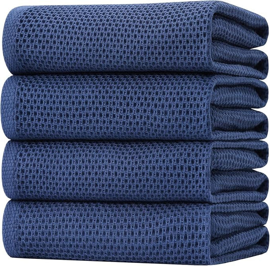 Homaxy 100% Cotton Oversized Waffle Weave Kitchen Dish Towels, Ultra Soft Absorbent Quick Drying Cleaning Towel, 20 x 28 Inches, 4-Pack, Navy Blue