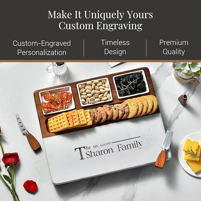 Shanik Wood - Marble Cheese Board Set with 3 Ceramic Bowls - Stainless Steel Cutlery Set, Charcuterie Board & Gift for Any Occasion (with Engraving)