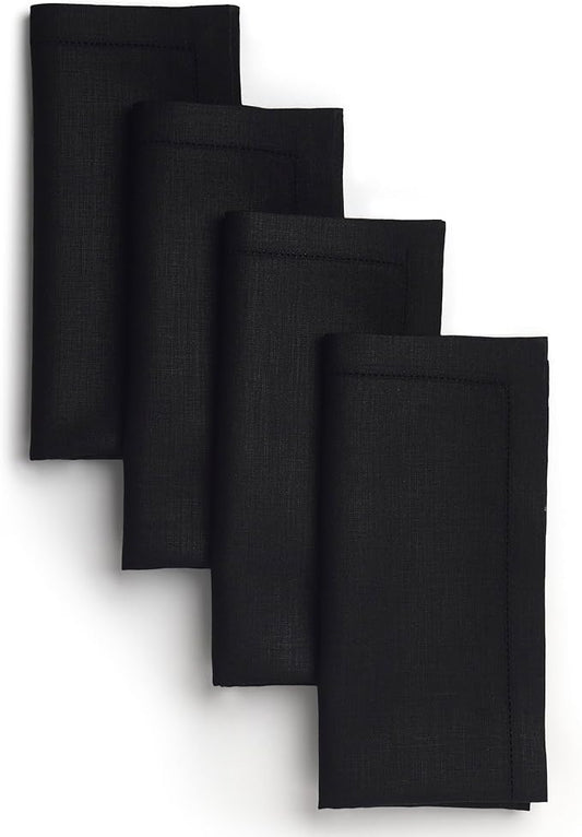 D'Moksha Homes Black Linen Napkins Set of 4 - Classic Hemstitch 100% Pure Linen Hemstitch Dinner Napkins 20 x 20 Inch for Fall, Thanksgiving, Holiday - Handcrafted and Machine Washable