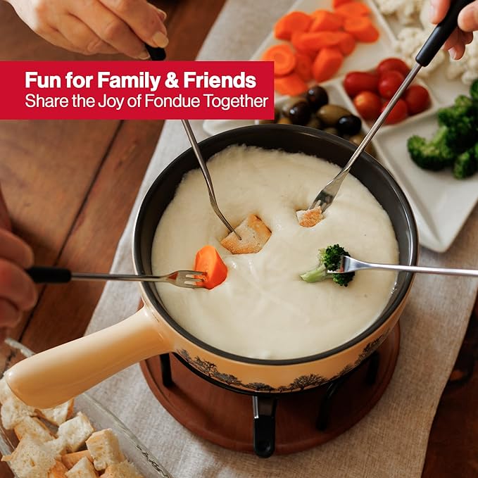 Swissmar Jura Ceramic Cheese & Chocolate Fondue Set, 2.65L / 2.8QT – 9-Piece Fondue Maker with Ceramic Pot, Forks, Burner & Beechwood Base – Perfect for Family Gatherings & Entertaining