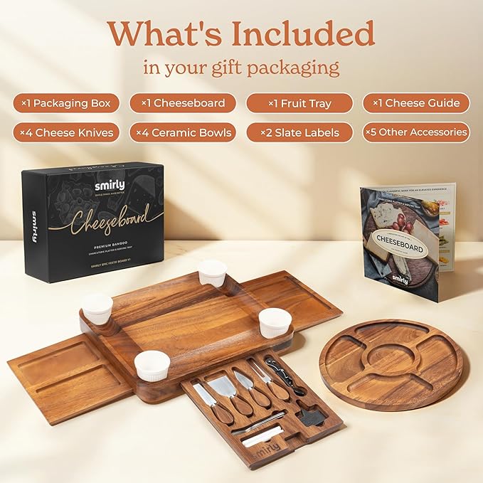 SMIRLY Charcuterie Boards Set, Large Cheese Board Set, Natural Walnut Wood Charcuterie Tray with Accessories - Housewarming Gifts New Home, Wedding & Bridal Shower Gifts for Women, Couples