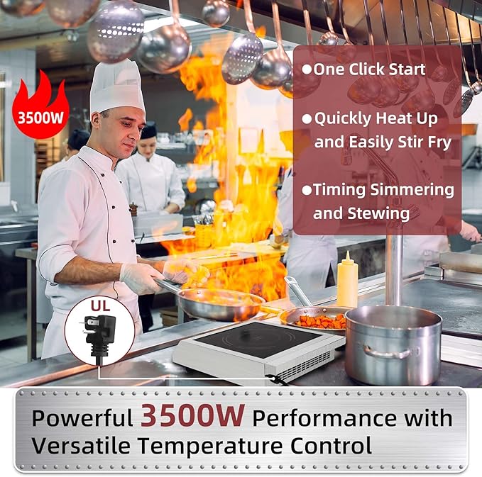 Induction Cooktop 208-240V 3500W Commercial Range Induction Burner Dual IGBT Modules 8 Heating Level Sensor Push-Button Premium Stainless Steel Housing Crystal Glass Electric Cooktop（Red）