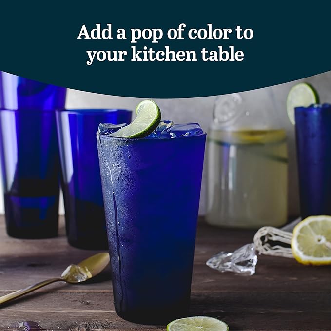 Libbey Cobalt Blue Drinking Glasses, Classic Design Flare Tumbler Glasses Set of 8, Dishwasher Safe Glass Drinking Glasses for Beverages