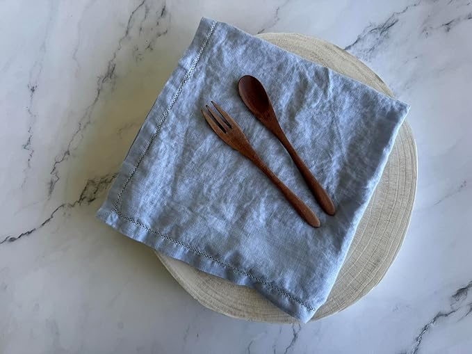 Hemstitched Linen Napkins – 20 Inch x 20 Inch – Stonewashed Pure Linen Cloth Dinner Napkins with Mitered Corners - 100% French Flax – Machine Washable - Set of 4 (Dusty Blue)