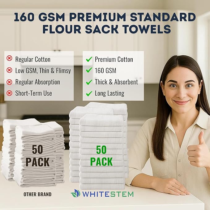 Flour Sack Towels | Tea Towel for Crafts| Kitchen Dish Cotton Blank Towel for Embroidery| Baking Bread Proofing Linen Cover| Thick Absorbent Quick Dry | 50 Pack 28"x28" Natural