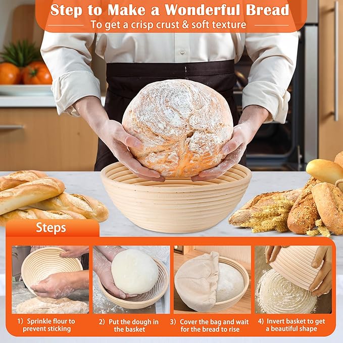 P&P CHEF Complete Sourdough Starter Kit, Sourdough Bread Baking Supplies Set, 9'' Round Bread Proofing Basket with Other Dough Making Tools, Ideal for Bread Making Baking Fermentation