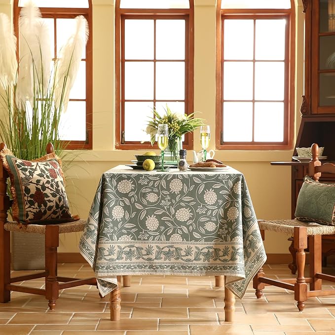 Grayish Green Rectangular Tablecloth,Linen Table Cloth with Light White Flowers Pattern,Heavy Durable Table Cover for Dining Thanksgiving Kitchen Decor Party Banquet Christmas,67"*118"