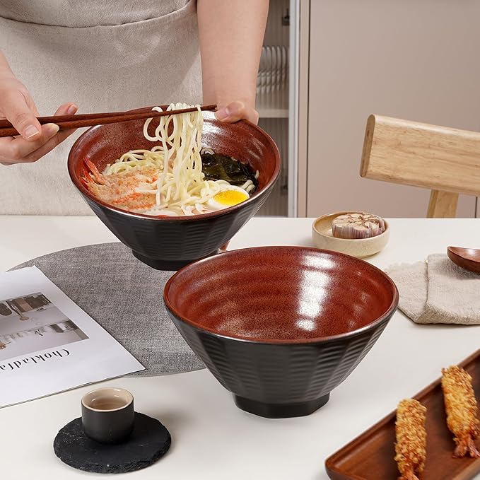NUTRIUPS Ceramic Ramen Bowl Set of 2 Noodles Bowl with Chopsticks and Spoons, 50oz Large Ramen Bowl- Rusty Red Brown