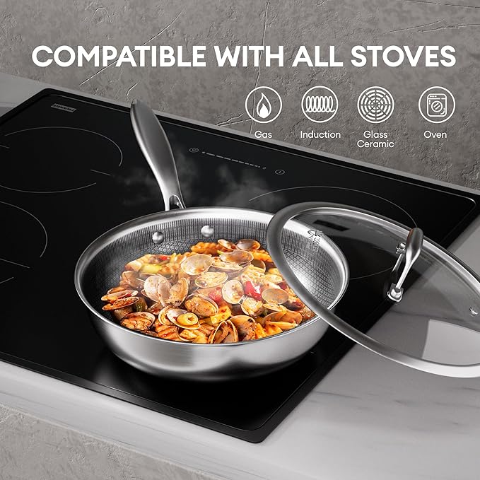 COOKER KING 12-Inch Wok with Lid, Hybird Nonstick Wok Professional Grade, Stainless Steel Woks & Stir-Fry Pans, Stay-Cool Handle, Dishwasher & Oven-Safe,Compatible with All Cooktops