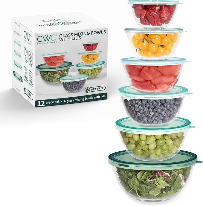 COOK WITH COLOR 12 Pc Glass Mixing Bowl Set with Lids – Borosilicate Glass Nesting Bowls for Cooking, Baking and Meal Prep, Sage