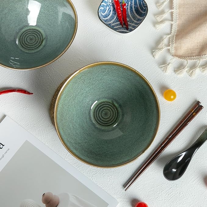 40 oz Ceramic Ramen Bowl Set of 2, Ramen Noodle Bowl with Spoons and Chopsticks 8 Inch Japanese Retro Style Large Soup, Pho, Udon Bowls, Microwave & Dishwasher Safe, Green