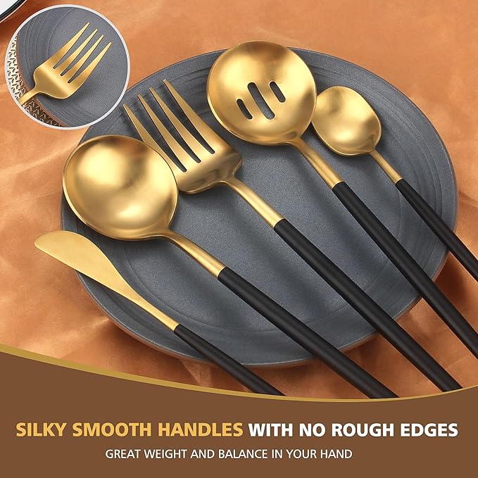 5-Piece Matte Black Gold Stainless Steel Large Hostess Set With Round Edge Satin Finish Dishwasher Safe - Large Serving Set Including Fork, Knife, Sugar Spoon And Slotted Spoon