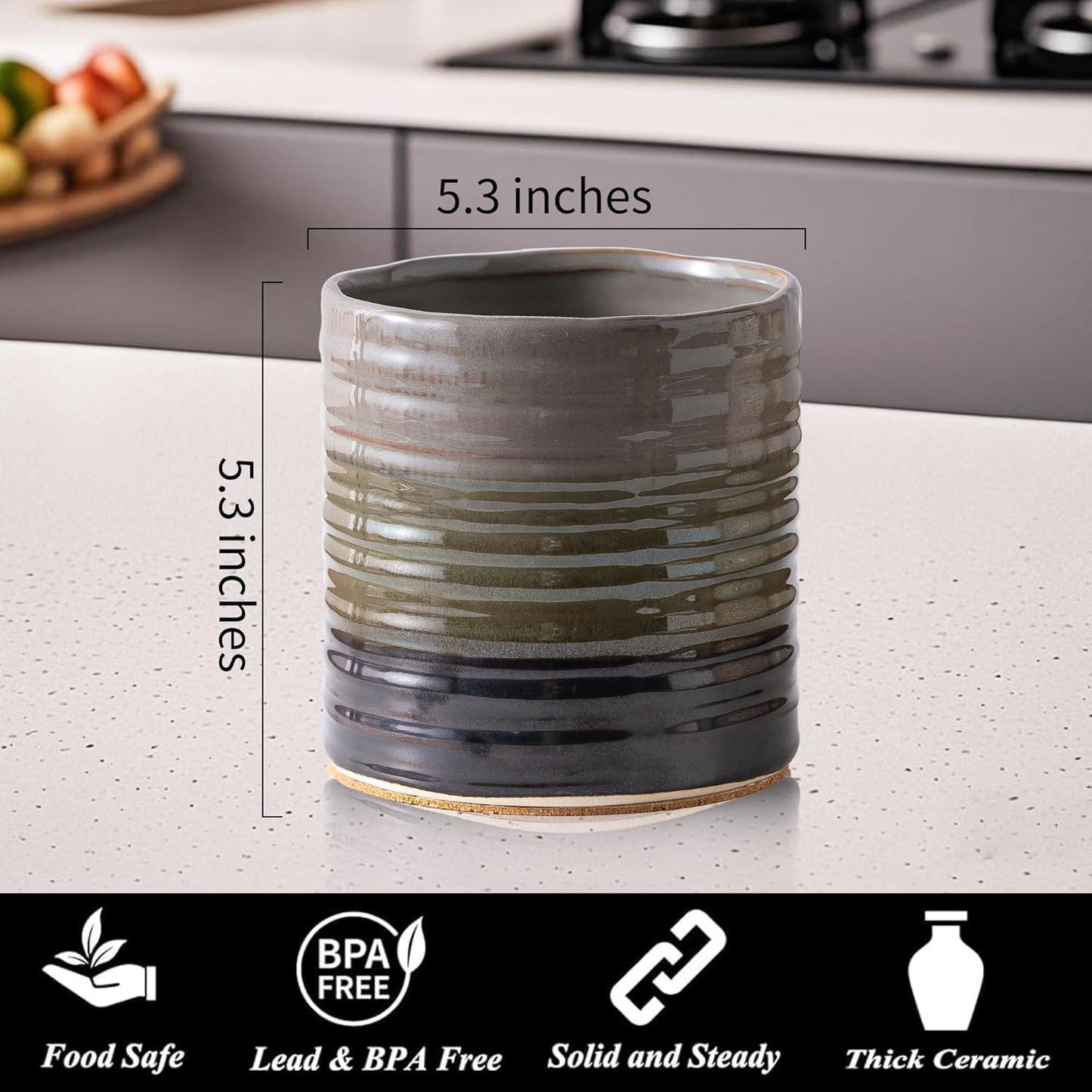 Utensil Holder 5.3" for Countertop, Ceramic Utensil Crocks for Kitchen Counter, Farmhouse Kitchen Décor Utensil Holder, Protection Cork Bottom