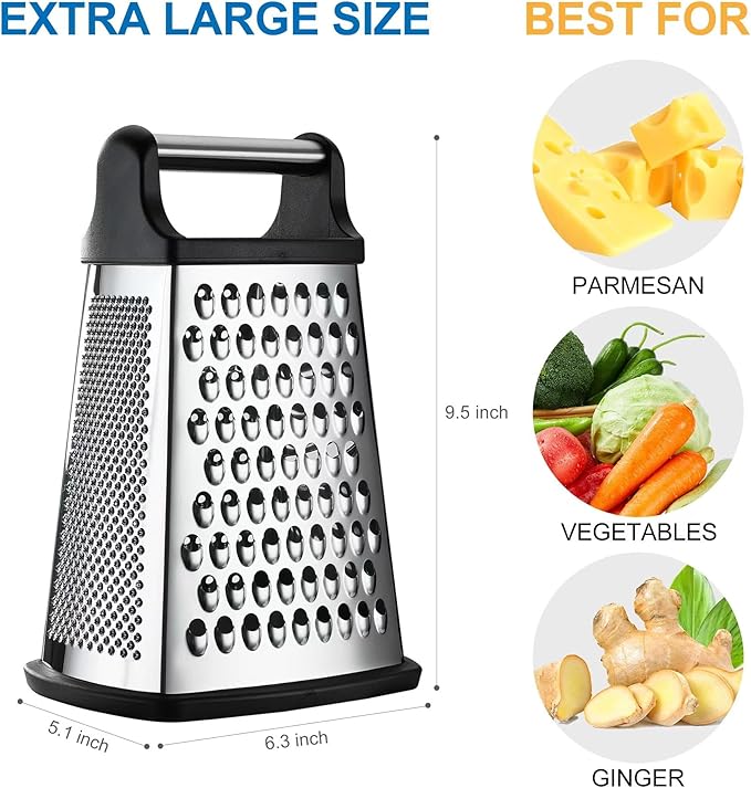 Professional Cheese Grater - Stainless Steel, XL Size, 4 Sides - Perfect Box Grater for Parmesan Cheese, Vegetables, Ginger - Dishwasher Safe - Black