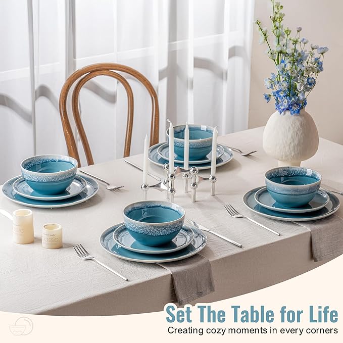 Plates and Bowls Sets, 12 Pieces Blue Dinnerware Sets for Kitchen, Reactive Glaze Dishes Set for 4, Dishwasher and Microwave Safe, Series Starflecked Shore (Blue)
