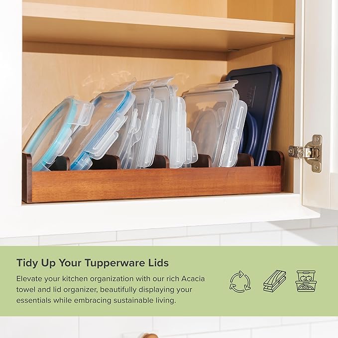 Acacia Kitchen Towel and Storage Organizer, Perfect for Drawers, Cabinets, Pantry, 5 Adjustable Wall Inserts, Non-Slip Feet, Organize Containers, Food-Safe Finish