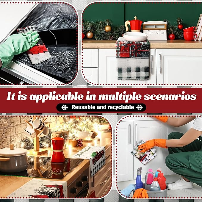 36 Pcs Christmas Reusable Paper Towels Rolls Washable Bulk Winter Christmas Snowman Snowflake Black White Plaid Dish Towels Paperless Cloth Cotton Napkins with Cardboard for Kitchen Bathroom