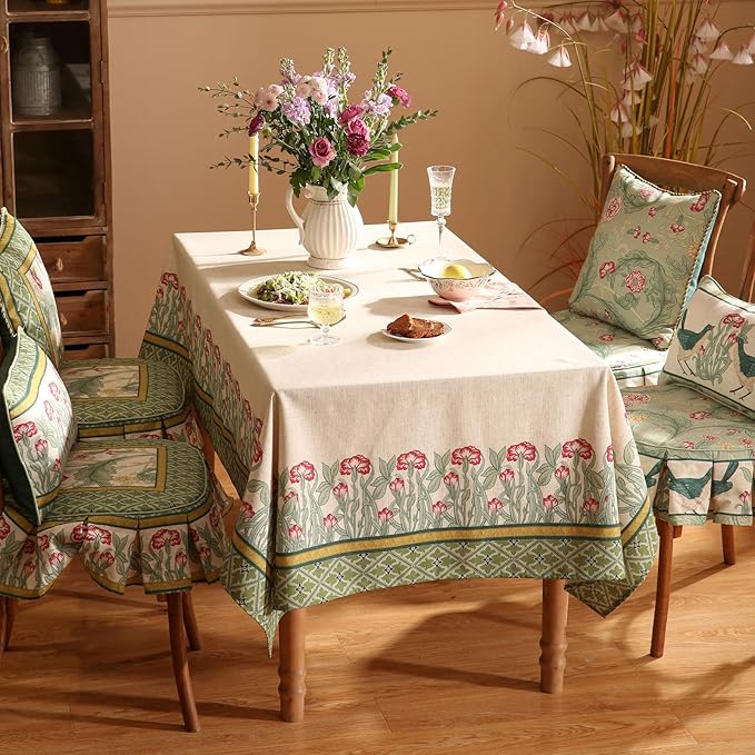 patdrea Designer Green Long Rectangle Table Cloth,Vintage Linen Leaves Pattern Tablecloth,Floral Cover Colorful Decor for Kitchen Dining Christmas,Tea Party,Thanksgiving,63"x102"-Cecilia D