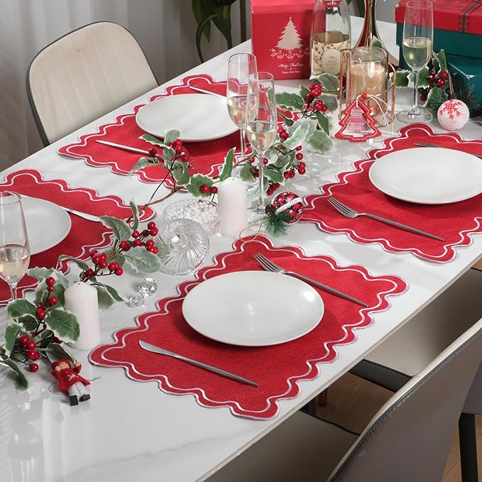12 Set Linen Placemat 13x19 Wavy Embroidery Scalloped Placemat Double Layered Washable Farmhouse Dinner Table Mat Fabric Napkin for Christmas Hotel Restaurant Wedding Party(Red)
