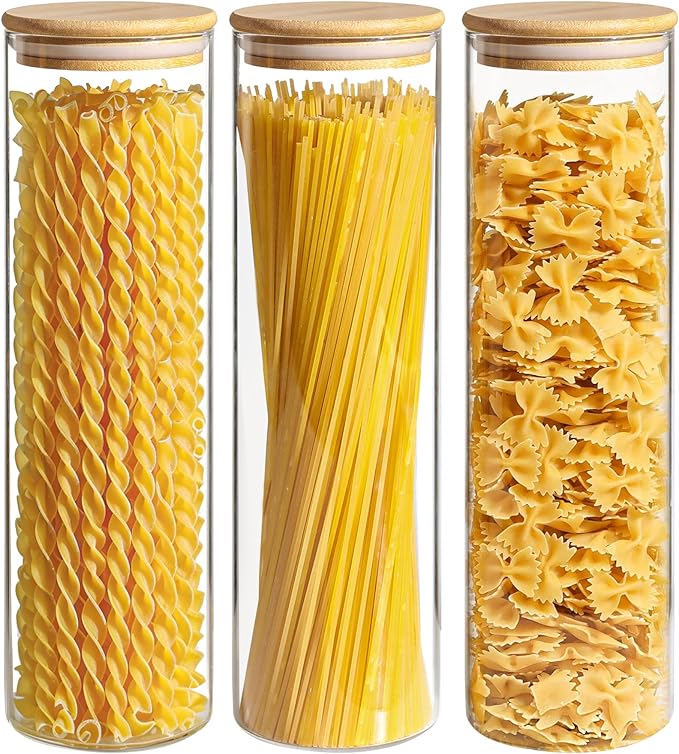 ComSaf Glass Spaghetti Pasta Storage Container for Kitchen Pantry with Lids 41oz Set of 3, Tall Clear Airtight Food Storage Jar with Sealing Wood Cover for Coffee, Sugar, Noodles, Linguini, Lasagna