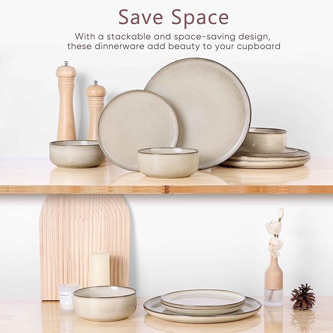 Herogo Dinnerware Sets with Pasta Bowls, 16 Piece Plates and Bowls Set for 4, Modern Stoneware Dinner Dishes for Kitchen Dinning, Dishwasher & Microwave Safe, Cream Khaki