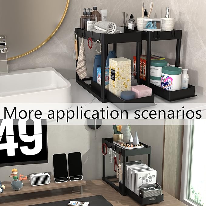 2PC Under Sink Organizer Rack 2 Tier Under Sliding Cabinet Basket Organizer Drawer with 4 Hooks, Multi-purpose Under Sink Storage for Bathroom Kitchen Desktop（Black）