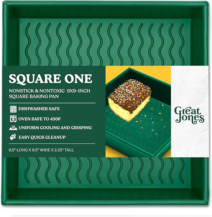 Great Jones Square One (Broccoli) | Nonstick 9.5x9.5-Inch Square Baking Pan | Signature Corrugated Bottom | Chemical-Free Nonstick Coating | Oven-Safe & Dishwasher-Friendly