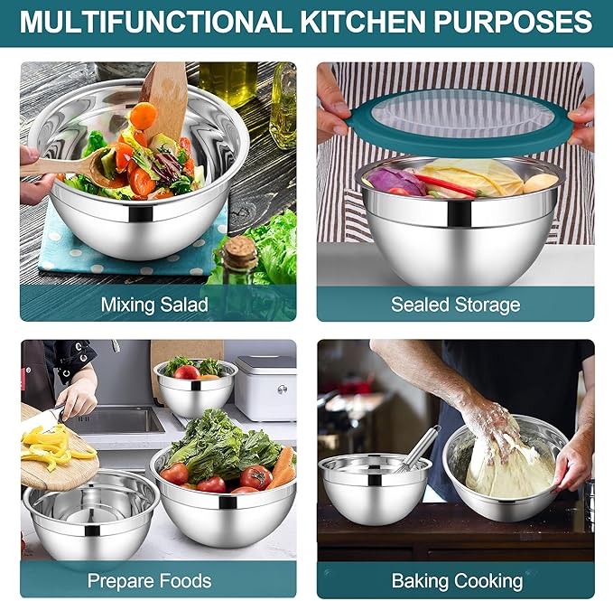 LIANYU 6 Packs Stainless Steel Mixing Bowls, Large 7, 3.5, 2.5, 2, 1.5, 1QT Size, Deep Metal Nesting Bowls Set for Baking Cooking Serving Prepping Food Storage, Include Visible Airtight Lid, Dark Blue