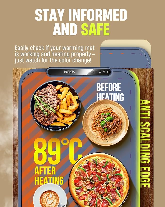 Warming Mat for Food, VEPOKA Food Warmer Mat for Countertop, Electric Warming Tray with 7 Temp Levels & Auto Shut-Off, Food Warmers for Parties, Ideal Gift for Kitchen & Buffet Use