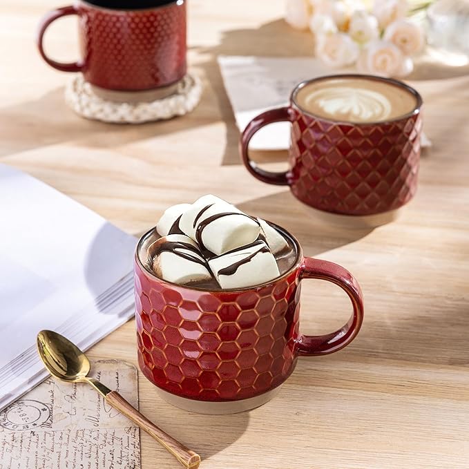 GBHOME 12 OZ Stackable Coffee Mugs, Ceramic Coffee Cups with Texture Patterns for Man,Woman,Dad,Mom, Modern Coffee Mugs Set of 4 for Latte/Cappuccino/Cocoa. Dishwasher&Microwave Safe, Red