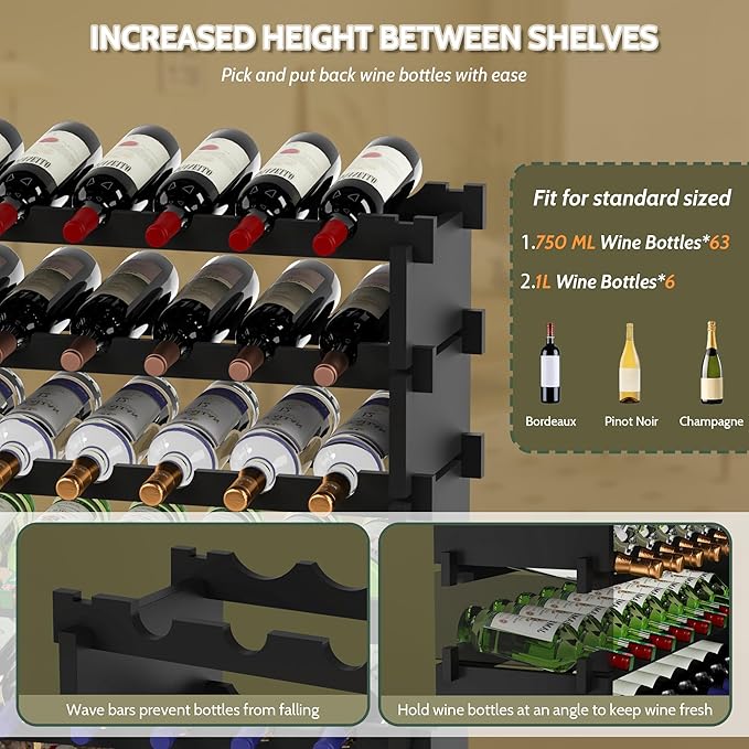 Wine Rack Freestanding Floor, Bamboo 8-Tier 69 Wine Bottle Holder Racks Countertop Cabinet Display, Wooden Stackable Modular Wine Storage Organizer Shelves for Kitchen Bar Cellar Dining Room Black